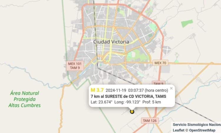 Se registra sismo de magnitud 3.7 en Ciudad Victoria